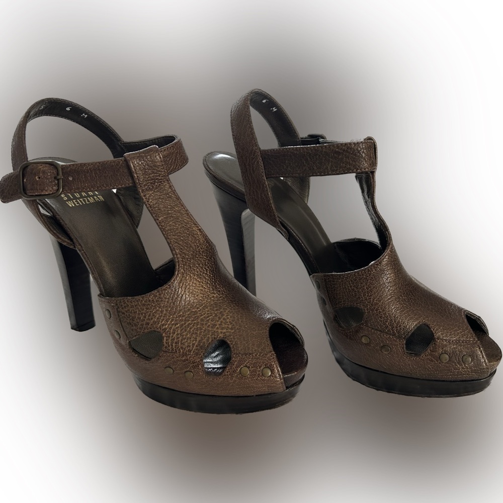 Stuart Weitzman Teasdale wooden platform studded t-strap leather heel